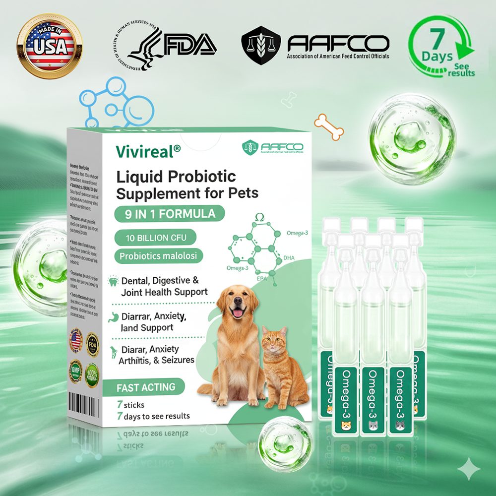Vivireal® & Omega-3 & 9 in 1 Liquid Probiotic Supplement for Pets, 10 Billion CFU, supports dental, digestive, bone, and joint health. Helps relieve diarrhea, anxiety, pain, stress, sleep problems, arthritis, osteoporosis, and seizures.