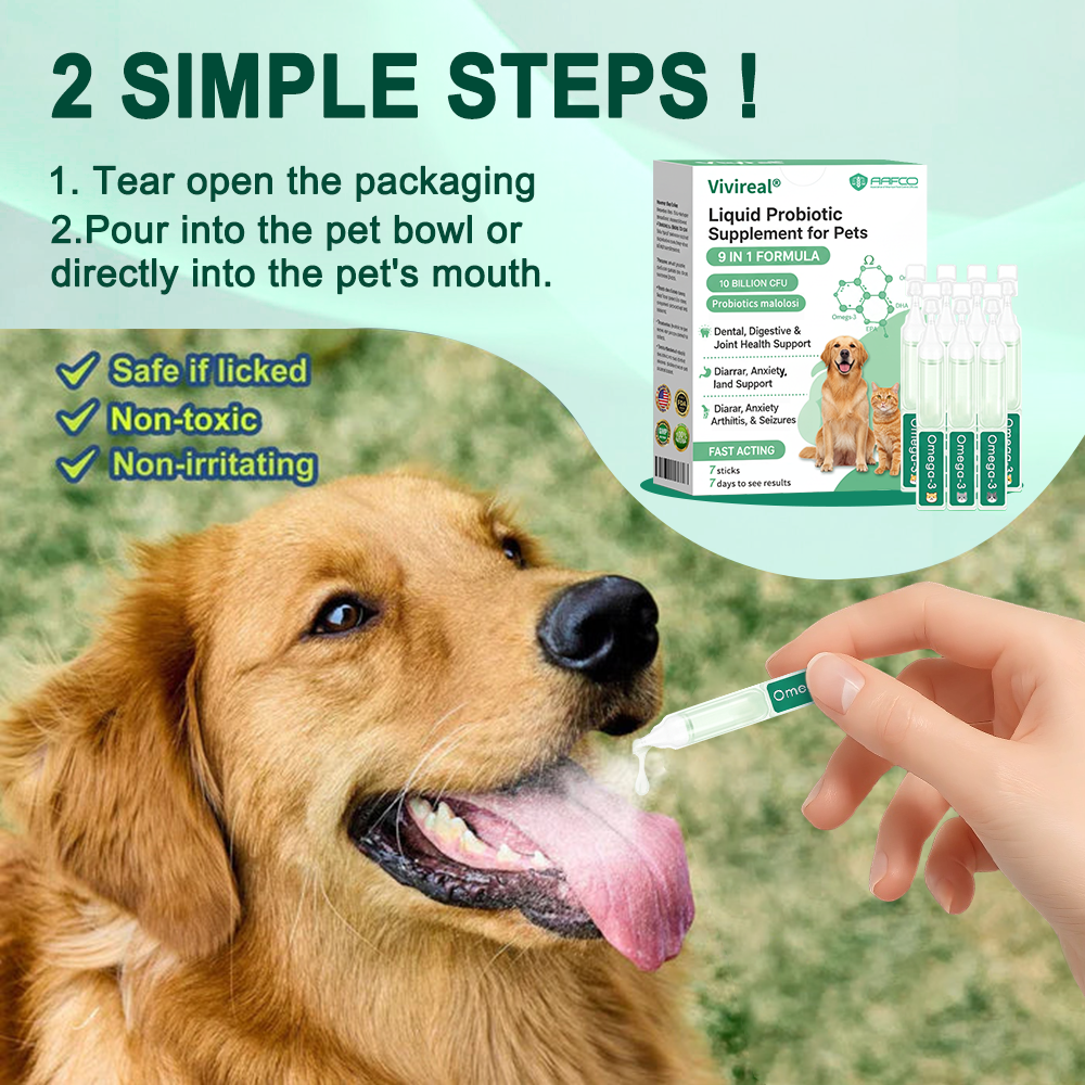Vivireal® & Omega-3 & 9 in 1 Liquid Probiotic Supplement for Pets, 10 Billion CFU, supports dental, digestive, bone, and joint health. Helps relieve diarrhea, anxiety, pain, stress, sleep problems, arthritis, osteoporosis, and seizures.