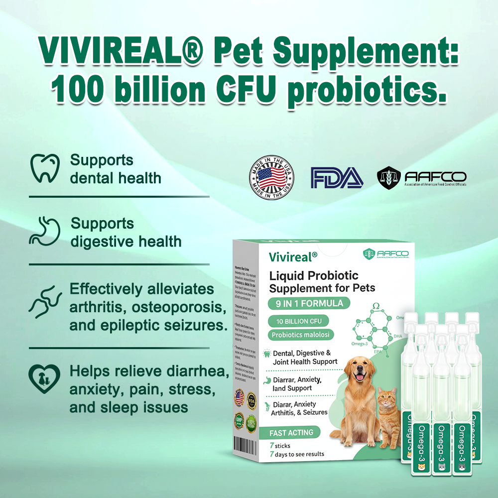 Vivireal® & Omega-3 & 9 in 1 Liquid Probiotic Supplement for Pets, 10 Billion CFU, supports dental, digestive, bone, and joint health. Helps relieve diarrhea, anxiety, pain, stress, sleep problems, arthritis, osteoporosis, and seizures.