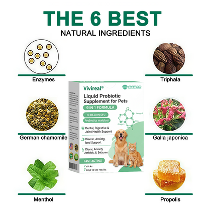 Vivireal® & Omega-3 & 9 in 1 Liquid Probiotic Supplement for Pets, 10 Billion CFU, supports dental, digestive, bone, and joint health. Helps relieve diarrhea, anxiety, pain, stress, sleep problems, arthritis, osteoporosis, and seizures.