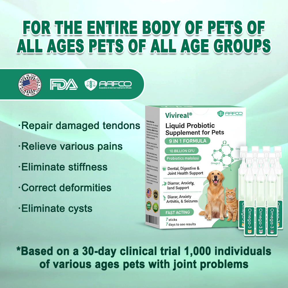Vivireal® & Omega-3 & 9 in 1 Liquid Probiotic Supplement for Pets, 10 Billion CFU, supports dental, digestive, bone, and joint health. Helps relieve diarrhea, anxiety, pain, stress, sleep problems, arthritis, osteoporosis, and seizures.