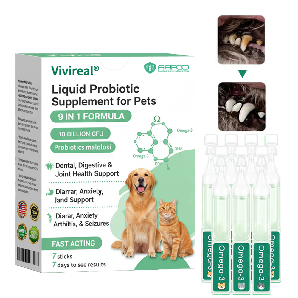 Vivireal® & Omega-3 & 9 in 1 Liquid Probiotic Supplement for Pets, 10 Billion CFU, supports dental, digestive, bone, and joint health. Helps relieve diarrhea, anxiety, pain, stress, sleep problems, arthritis, osteoporosis, and seizures.