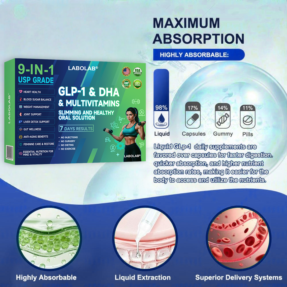 Labolab® GLP-1 & DHA & Multivitamins 9-in-1 USP Grade Slimming & Healthy Oral Solution(Once a day, results in 7 days), With 100 Billion CFU Active Probiotics, Supports weight management, heart health, diabetes, gut & women’s health, while firming skin.