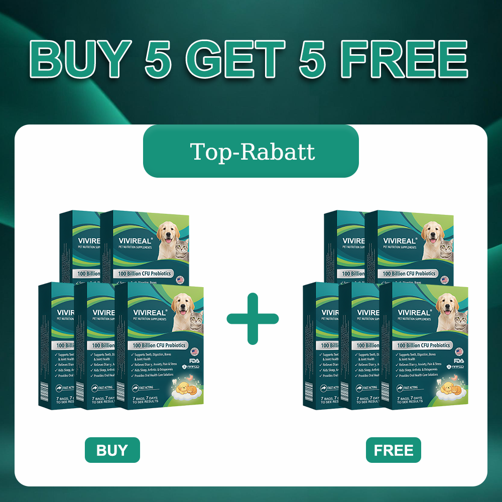 Vivireal® Pet Supplement: 100 billion CFU probiotics. Supports dental, digestive, bone & joint health. Helps relieve diarrhea, anxiety, pain, stress, sleep issues, arthritis, osteoporosis, and seizures.