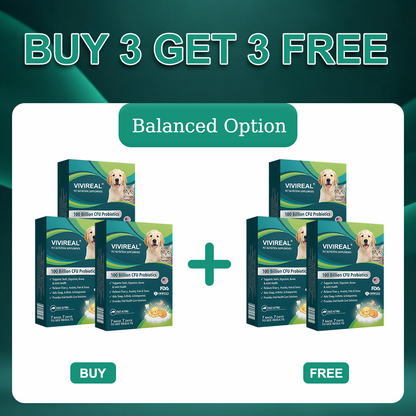 Vivireal® Pet Supplement: 100 billion CFU probiotics. Supports dental, digestive, bone & joint health. Helps relieve diarrhea, anxiety, pain, stress, sleep issues, arthritis, osteoporosis, and seizures.