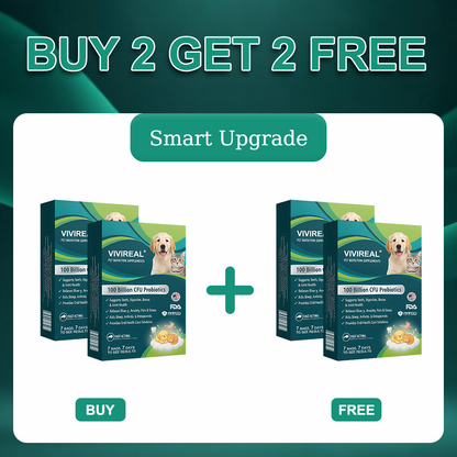 Vivireal® Pet Supplement: 100 billion CFU probiotics. Supports dental, digestive, bone & joint health. Helps relieve diarrhea, anxiety, pain, stress, sleep issues, arthritis, osteoporosis, and seizures.