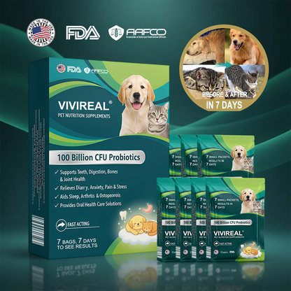 Vivireal® Pet Supplement: 100 billion CFU probiotics. Supports dental, digestive, bone & joint health. Helps relieve diarrhea, anxiety, pain, stress, sleep issues, arthritis, osteoporosis, and seizures.