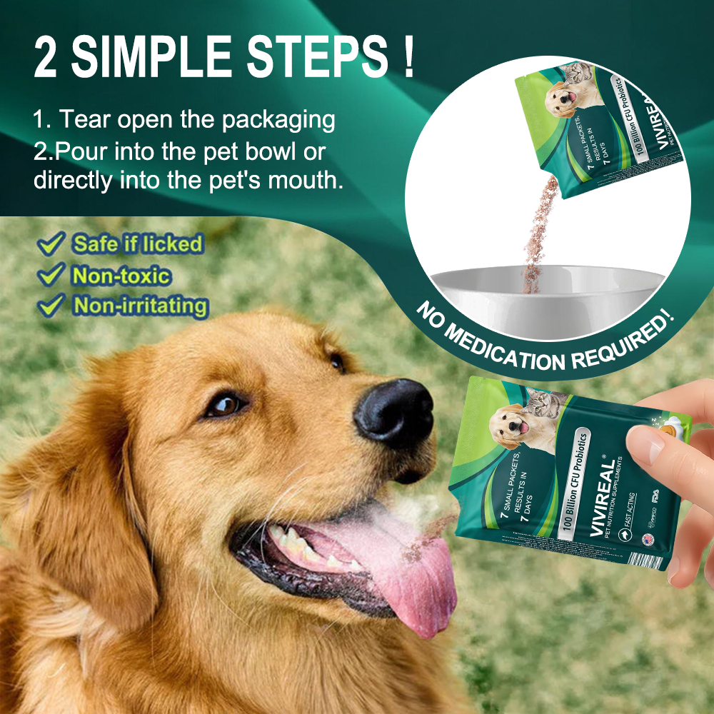 Vivireal® Pet Supplement: 100 billion CFU probiotics. Supports dental, digestive, bone & joint health. Helps relieve diarrhea, anxiety, pain, stress, sleep issues, arthritis, osteoporosis, and seizures.
