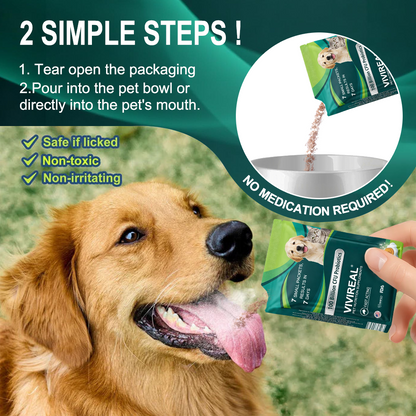 Vivireal® Pet Supplement: 100 billion CFU probiotics. Supports dental, digestive, bone & joint health. Helps relieve diarrhea, anxiety, pain, stress, sleep issues, arthritis, osteoporosis, and seizures.