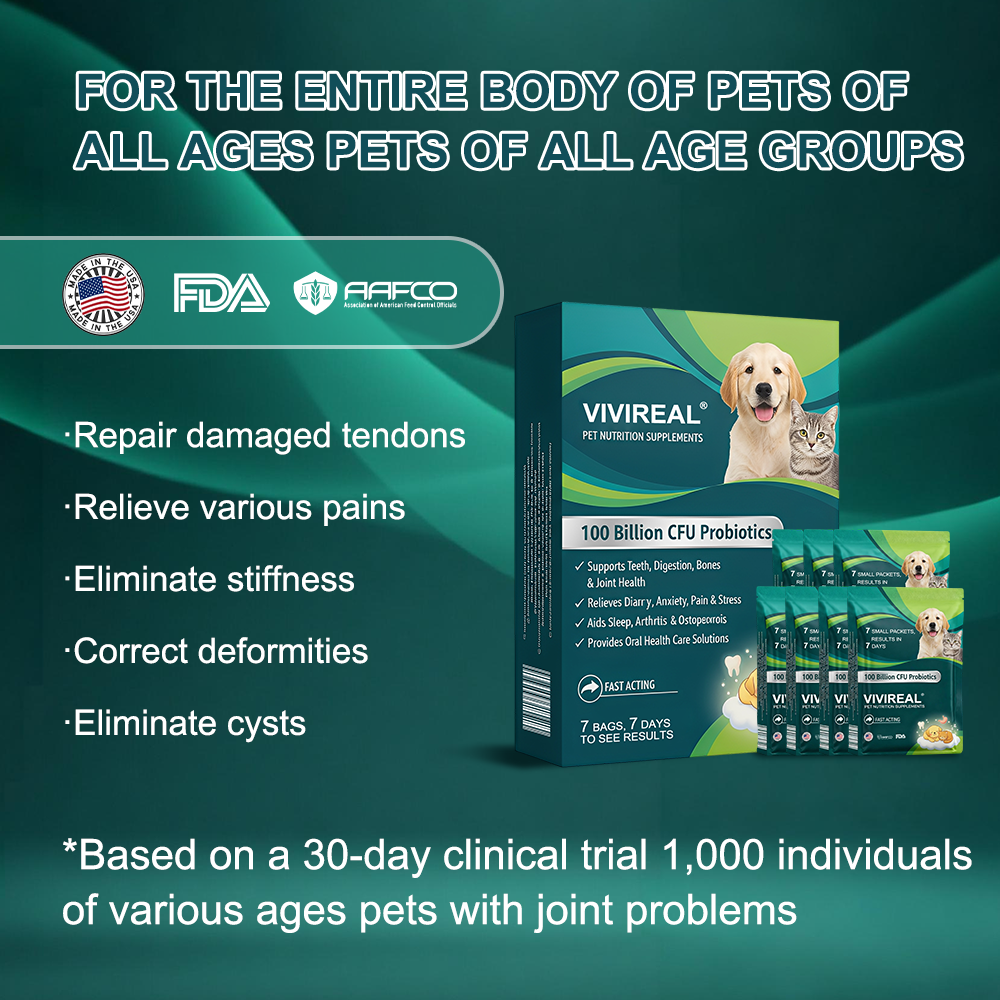 Vivireal® Pet Supplement: 100 billion CFU probiotics. Supports dental, digestive, bone & joint health. Helps relieve diarrhea, anxiety, pain, stress, sleep issues, arthritis, osteoporosis, and seizures.