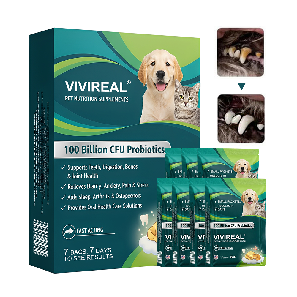 Vivireal® Pet Supplement: 100 billion CFU probiotics. Supports dental, digestive, bone & joint health. Helps relieve diarrhea, anxiety, pain, stress, sleep issues, arthritis, osteoporosis, and seizures.