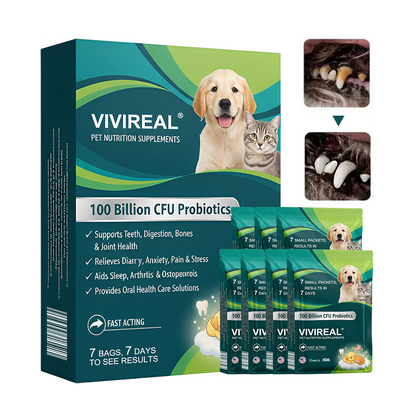 Vivireal® Pet Supplement: 100 billion CFU probiotics. Supports dental, digestive, bone & joint health. Helps relieve diarrhea, anxiety, pain, stress, sleep issues, arthritis, osteoporosis, and seizures.